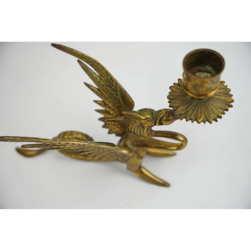 Vintage Brass Dragon Griffin Candle Holders Pair Mythical Winged Figures Good